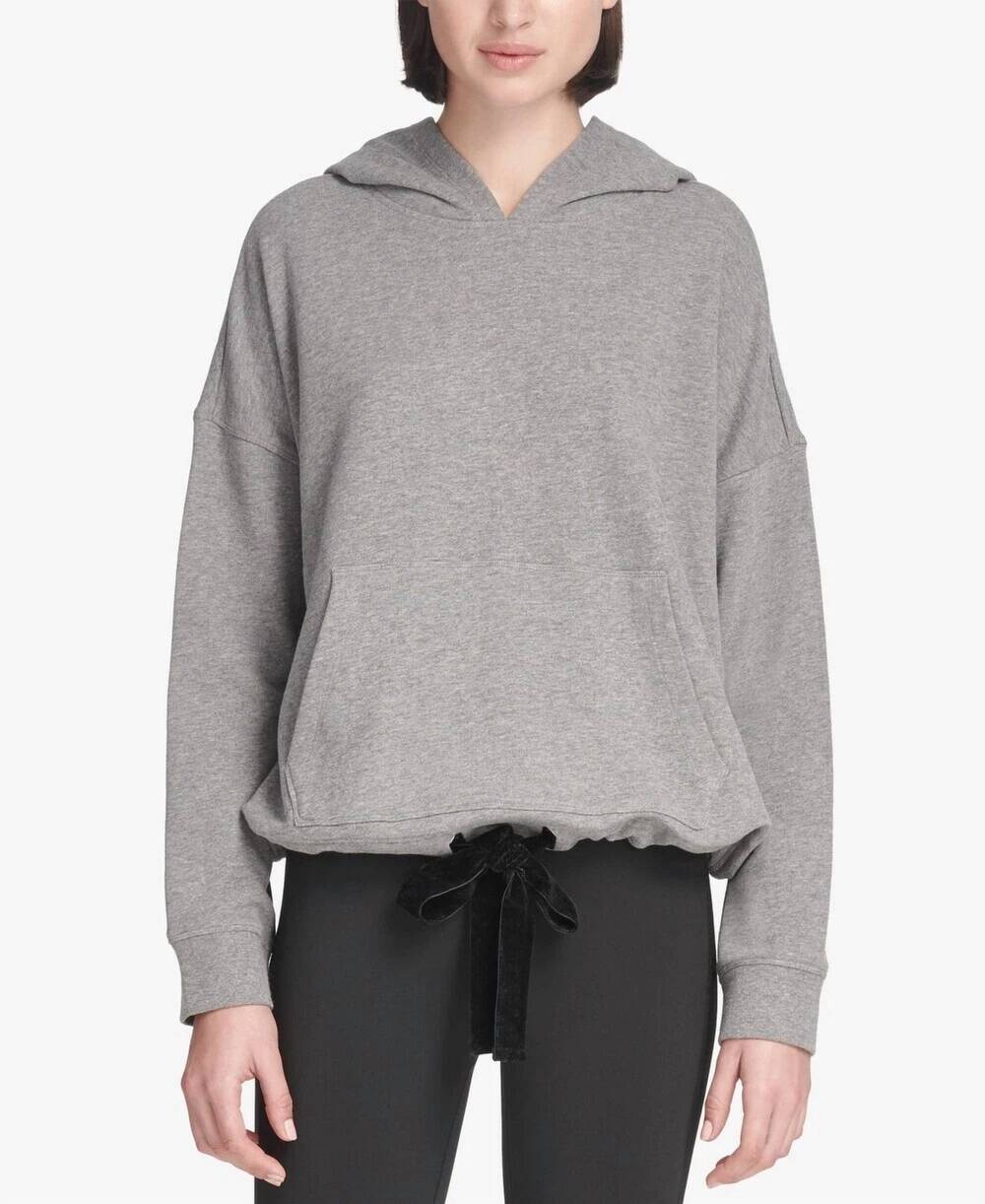 NEW DKNY activewear french terry velvet tie hoodie in heather gray